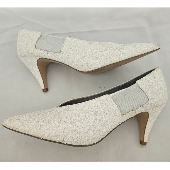 Free People White Glitter Florence Kitten Heel sz 38 Retro Minimalist Wedding - Picture 6 of 8